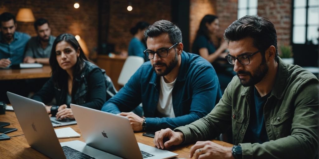 Group of LATAM developers working together on laptops.